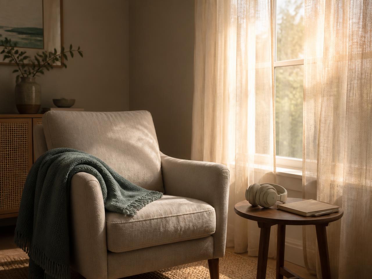 A quiet armchair by a window with headphones on a side table