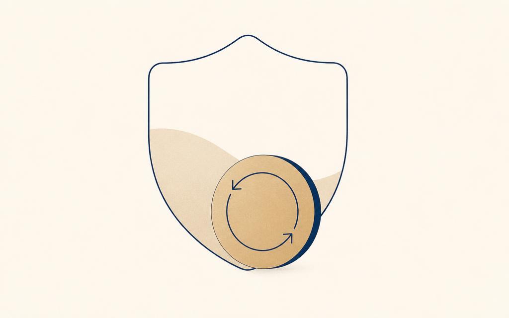 Abstract shield and coin mark representing the 90-day money-back guarantee