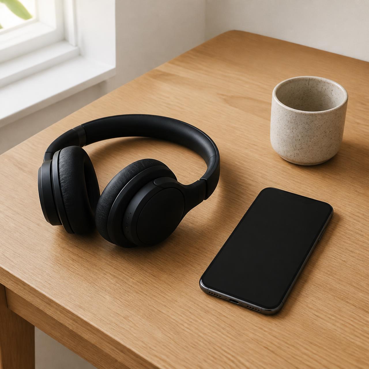Headphones and a phone on a wooden desk, illustrating an at-home listening session